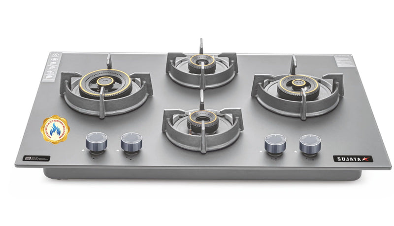 Sujata Gas Stove 4 Burners | 5 Years Warranty | 4 Burner Gas Stove Stainless Steel Auto Ignition, CookTop cum Hob Top, LPG Ready & PNG Compatible, Brass Burner (Osmium - 4 Burner Auto Ignition)