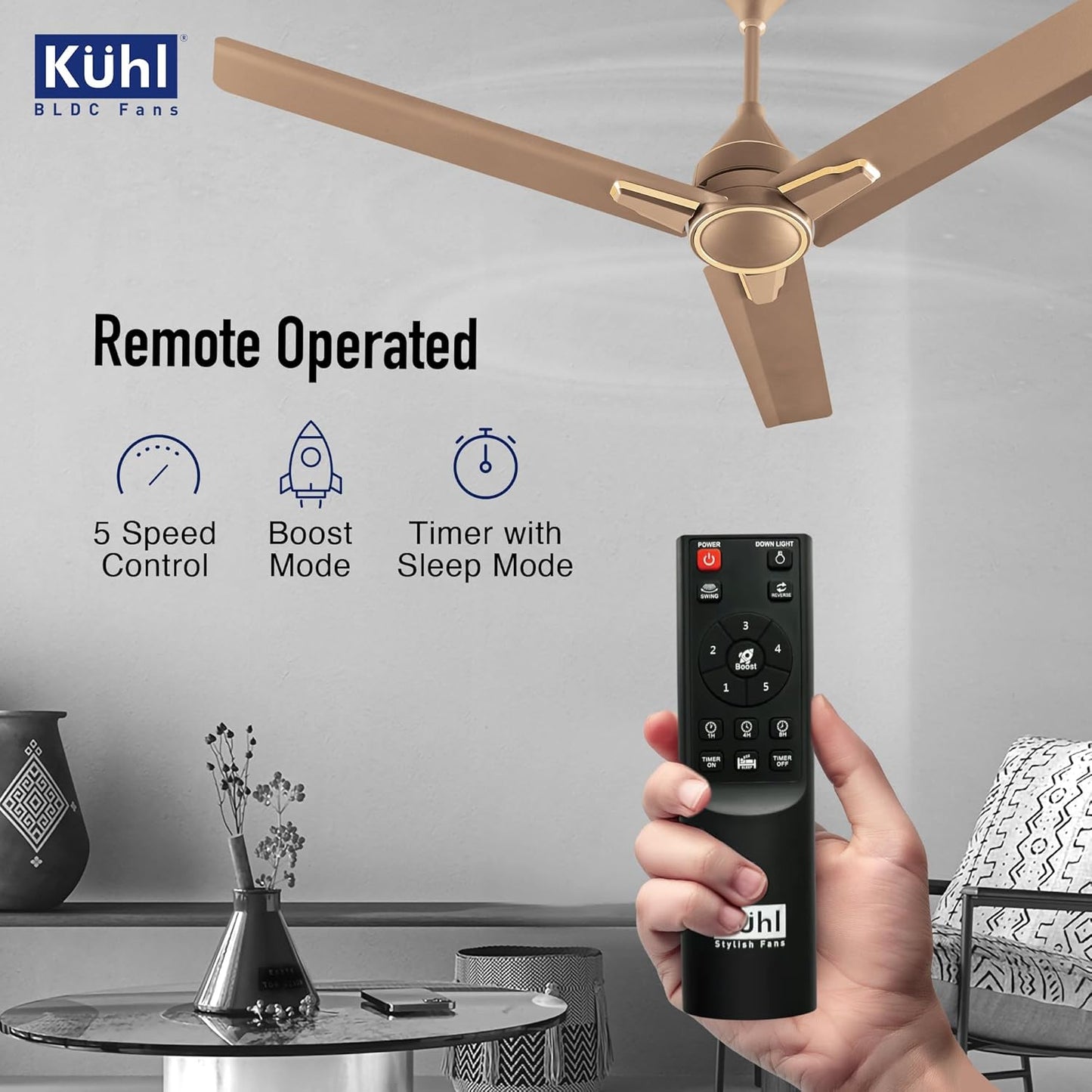 KUHL Arctis A1 1200 Mm 65% Power Saving Bldc Ceiling Fan With Remote | Bee 5 Star Rated & Isi Marked | High Air Flow | 5 Year Warranty | Gold