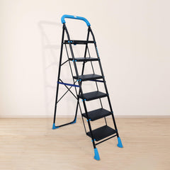 Plantex 5 Step Foldable Ladder for Home Use/Steel Ladder with Anti-Slip Shoes/Step Ladder with Double-Grip Technology(White & Black)