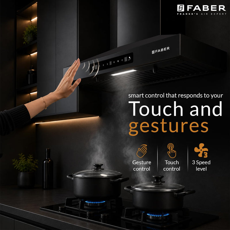 Faber Pluto 60 cm 1000 m³/hr Wall Mounted Kitchen Chimney | Baffle Filter | Touch Control | LED Lights | 1 Year Comprehe