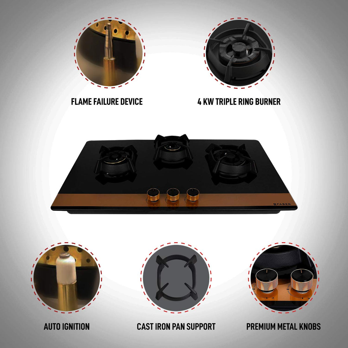 Faber Hobtop Utopia HT903 CRS BR CI AI 3 Brass Burner Auto Ignition Glass Cooktop, Black