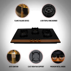 Faber Hobtop Utopia HT903 CRS BR CI AI 3 Brass Burner Auto Ignition Glass Cooktop, Black