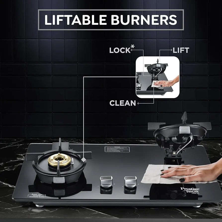Prestige Svachh Efficia 02AI Hob LP Gas Table|One Touch Advanced Auto Ignition| 8mm Thick superior Toughened Glass|Cast Iron Pan Support|Brass Burners-2|Black