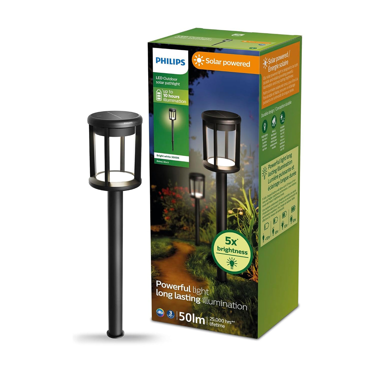 Philips Reina 3000K 50lm Solar Powered LED Outdoor Lights Black