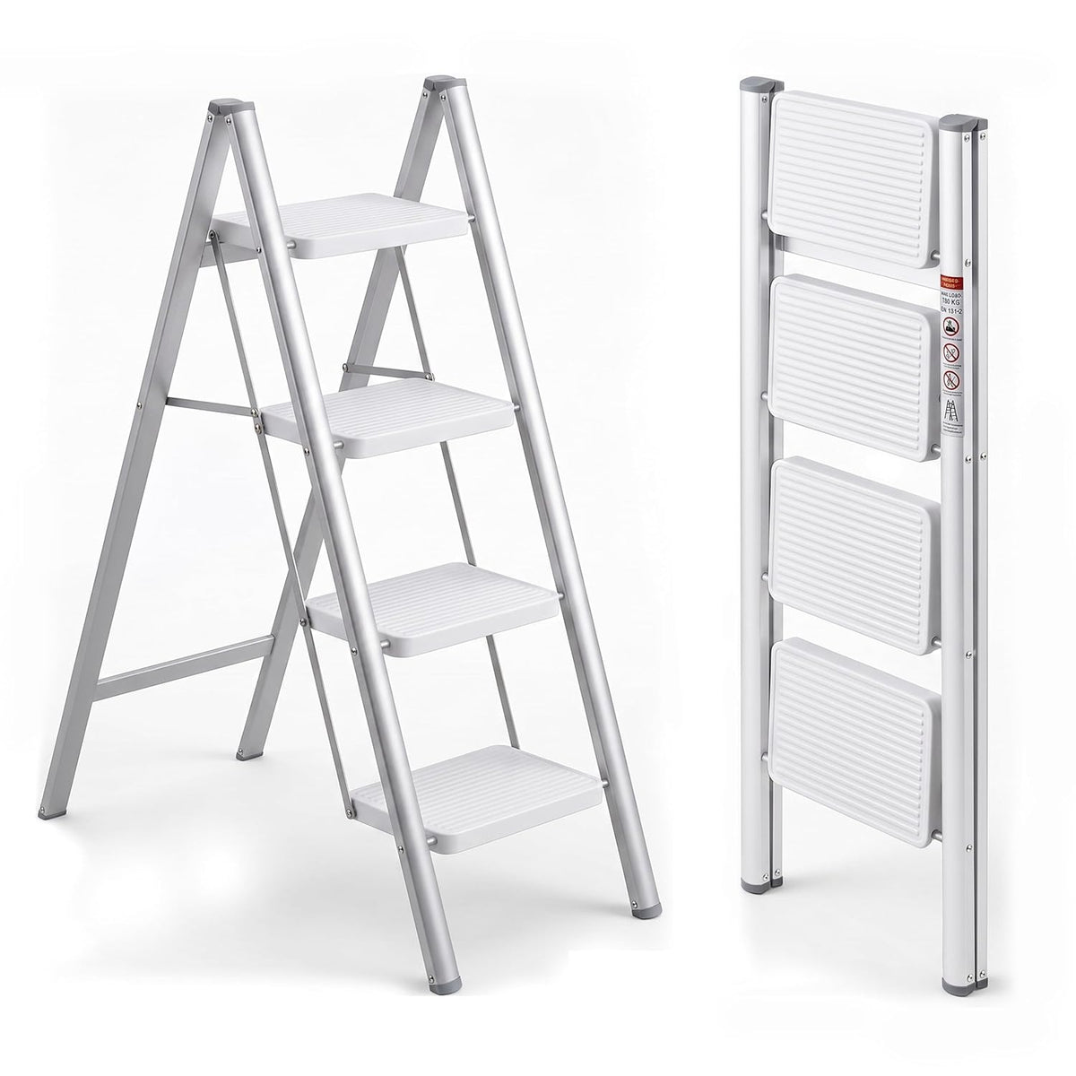 Corvids 4-Step Heavy-Duty Carbon Steel Step Stool, 2-Year Warranty, Anti-Slip Wide Steps, Portable Multipurpose Folding Step Ladder for Home, Kitchen & Office Use (White)
