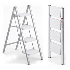 Corvids 4-Step Heavy-Duty Carbon Steel Step Stool, 2-Year Warranty, Anti-Slip Wide Steps, Portable Multipurpose Folding Step Ladder for Home, Kitchen & Office Use (White)