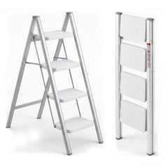 Corvids 4-Step Heavy-Duty Carbon Steel Step Stool, 2-Year Warranty, Anti-Slip Wide Steps, Portable Multipurpose Folding Step Ladder for Home, Kitchen & Office Use (White)