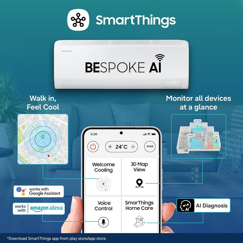 Samsung 1 Ton 5 Star,New Star rated Bespoke AI Inverter Smart Split AC (WiFi, Energy Saving, Voice Control, Powerful Cooling, Copper, Digital Inverter, 4 Way swing,5 Step Convertible,AR50H12D1ZHNNA)