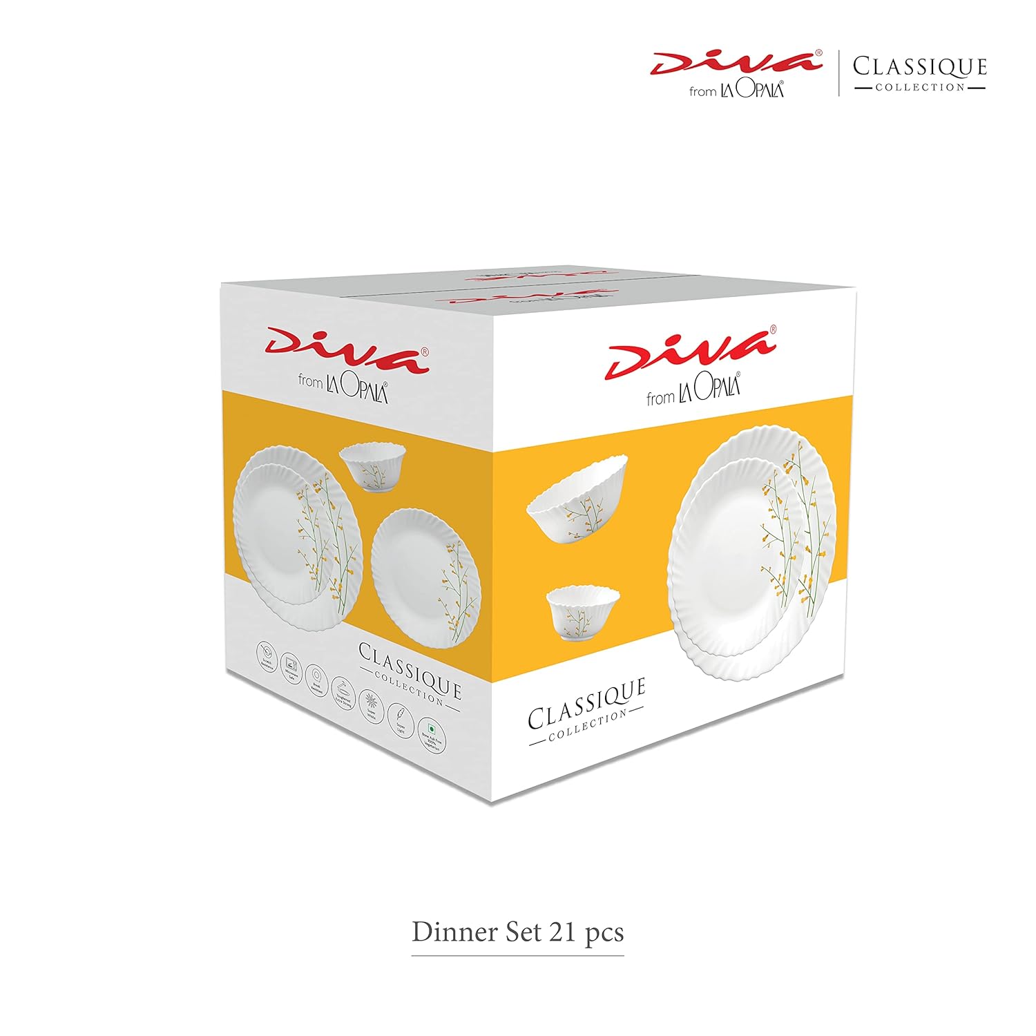 La Opala Diva Classique Collection Opal Glass Crockery | for Family of 6 | Dinner Set 21 pcs Royal Iris | Plates & Bowls for Dining | Microwave Safe | 100% Vegetarian | Extra Strong | White