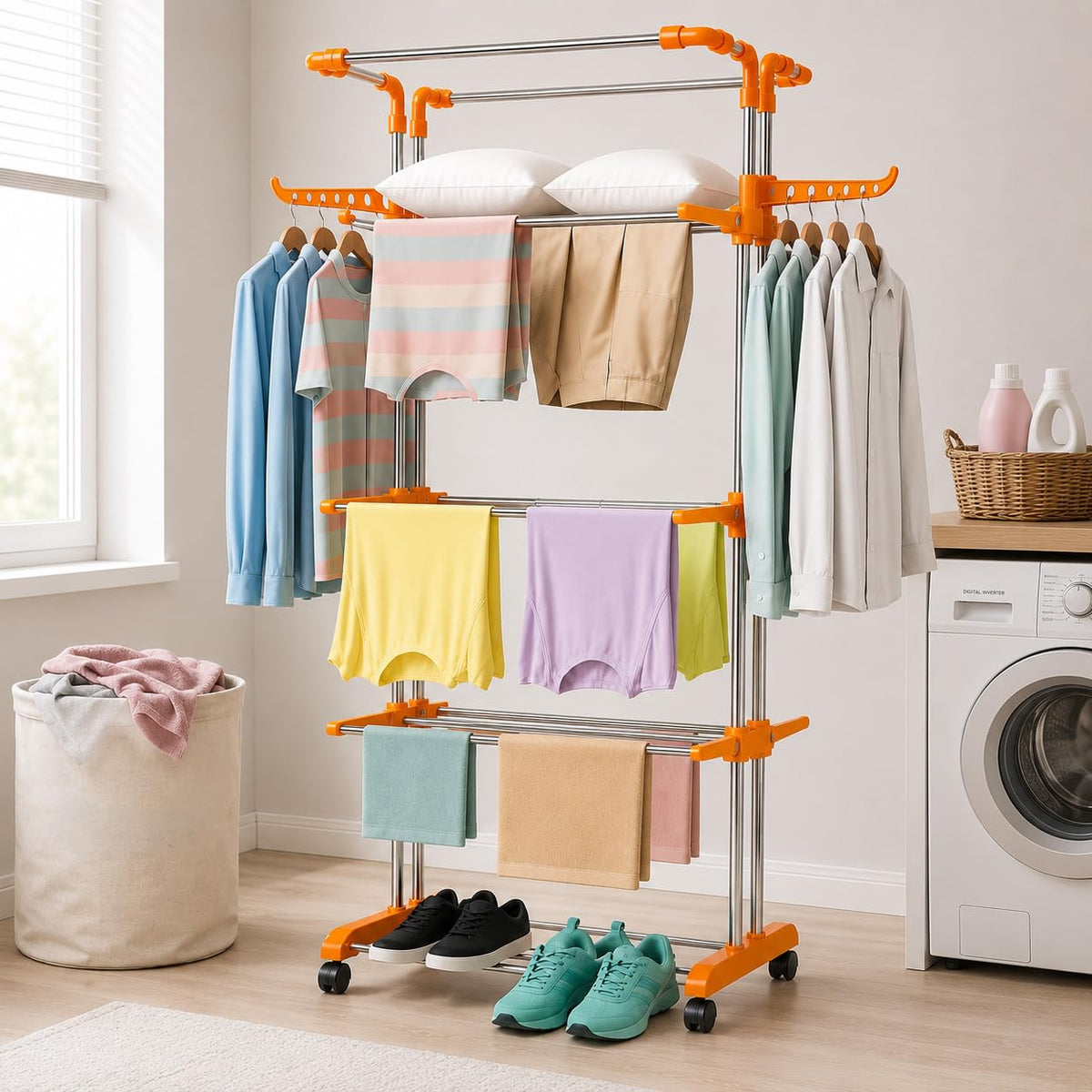 HOUZA Stainless Steel Clothes Drying Stand | 3 Layer Foldable Cloth Dryer Stand with Wheels | 6 Foldable Wings - Orange