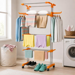 HOUZA Stainless Steel Clothes Drying Stand | 3 Layer Foldable Cloth Dryer Stand with Wheels | 6 Foldable Wings - Orange