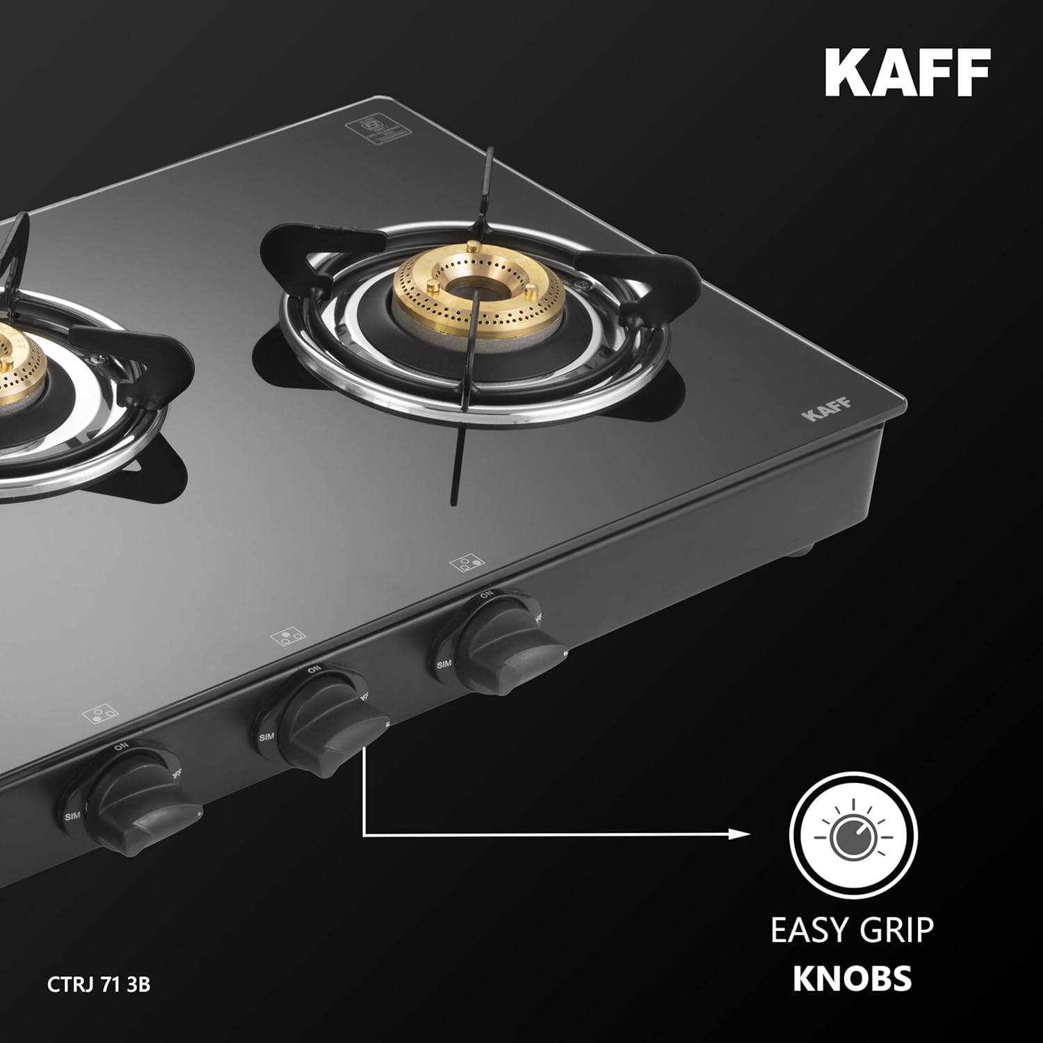 KAFF Cooktop | 3 Burners with Slim Line Design 71 CM | High Efficiency Brass Burners, Black Tempered Glass | Matt Enamelled Pan Support | Black | CTRJ71-3B