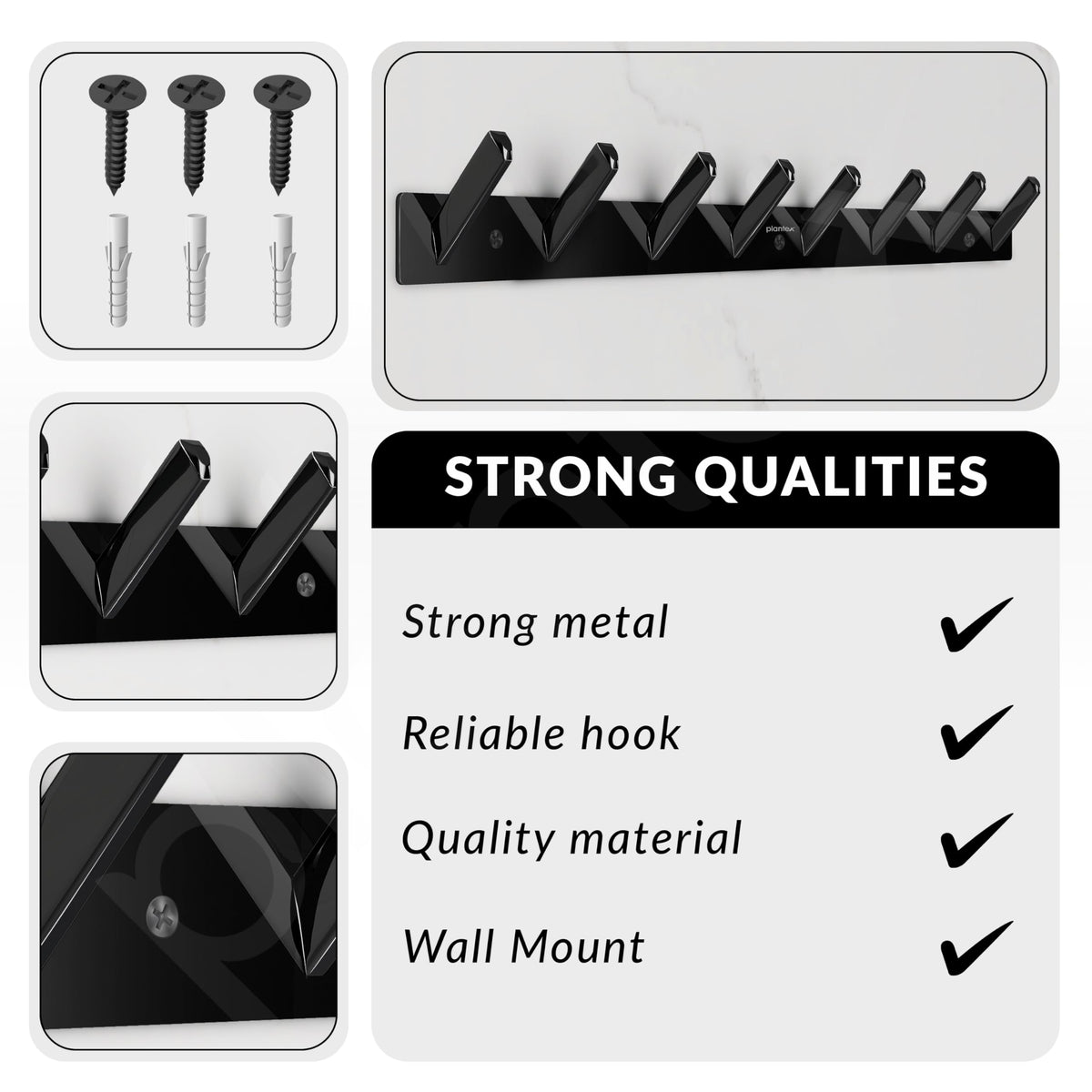Plantex Wall Hooks for Hanging Cloth/Stainless Steel Towel Hangers/Bathroom Robe Hooks/Door Hangers/Square Wall Hook/Hook Rail for Hanging Keys - 8 Hooks (Pack of 2, PVD Black)-6