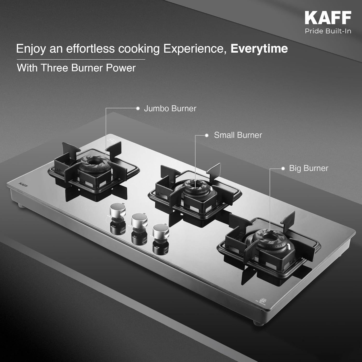 KAFF 3 Burner Cooktop for Kitchen | 71CM With Ignition | For Modern Kitchen | Ergonomic Knob |Tri-Pin Brass Burners| ISI Certified | Black | CTS713BAI