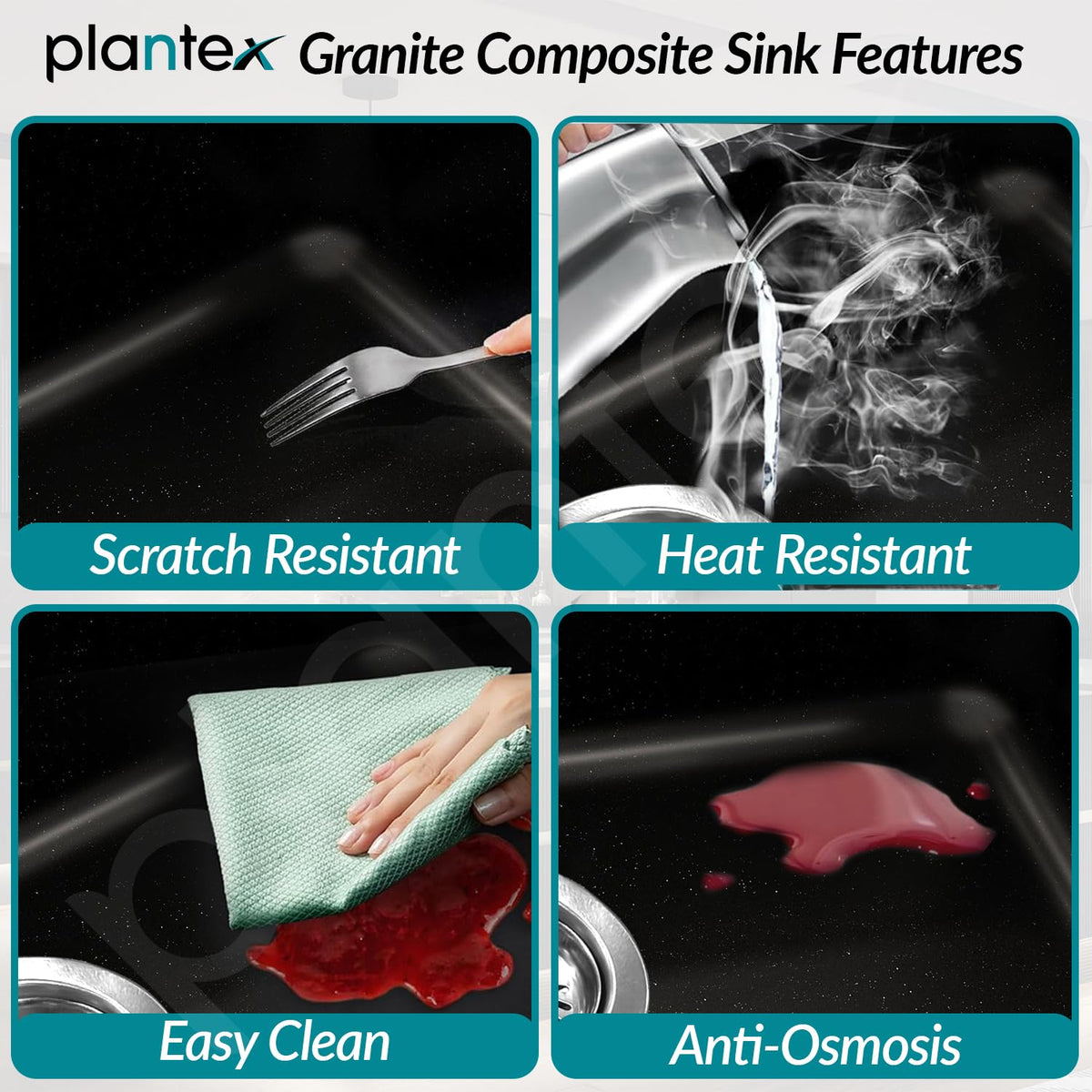 Plantex Matt German Engineered Technology Quartz Sink For Kitchen/UV Protected Kitchen Sink/Single Bowle Sink For Home(Charcoal Black-18X24 Inch)-3