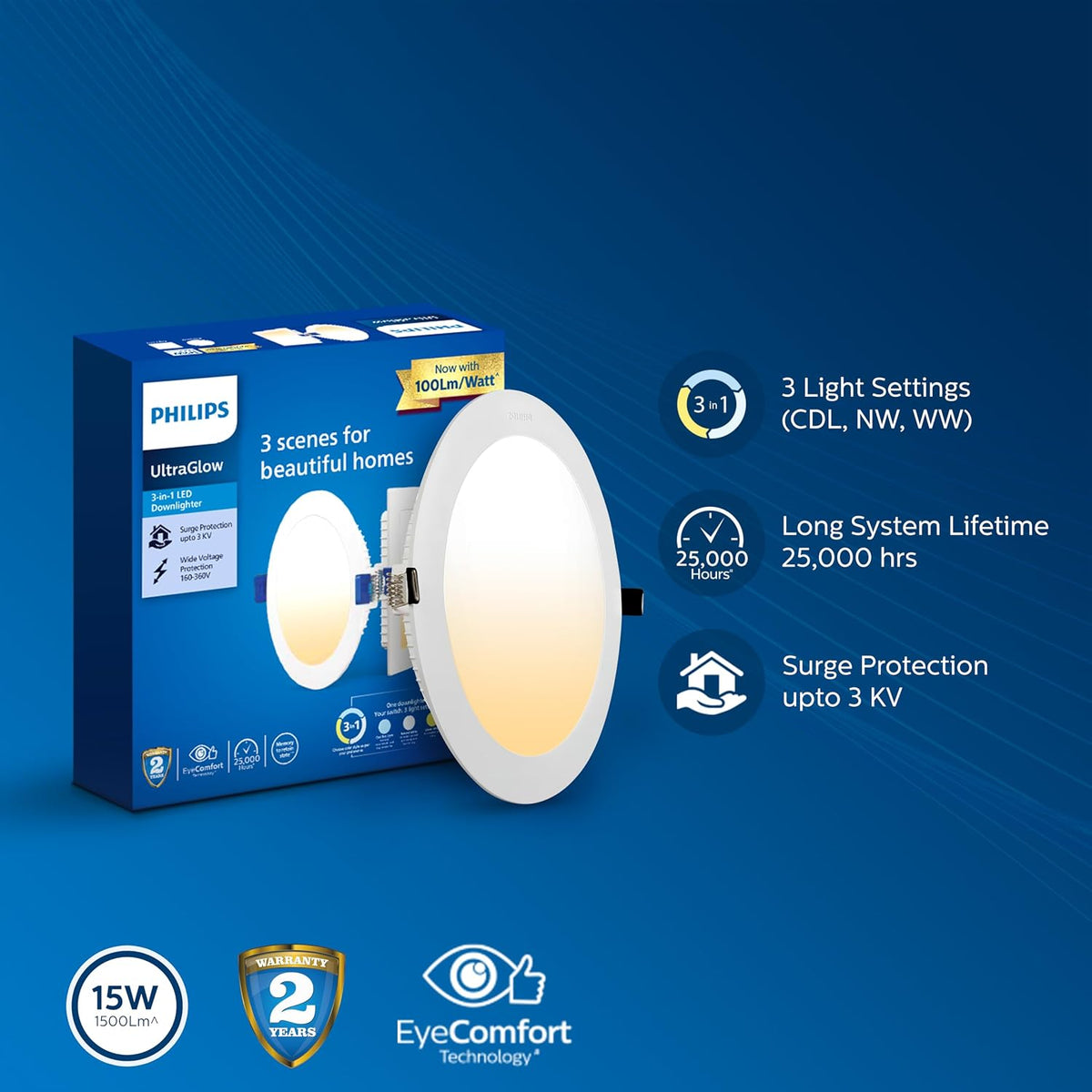 Philips Ultra Glow 15-watt Square LED Downlighter (Pack of 2)