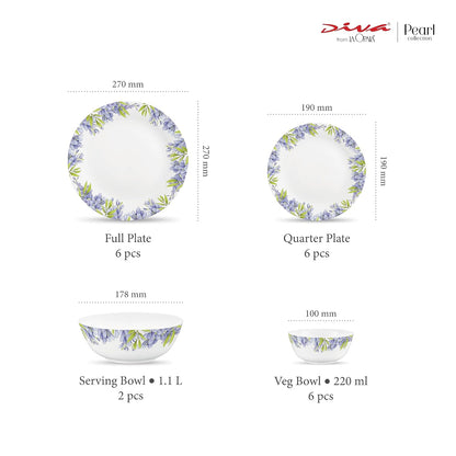 Diva by La Opala, Pearl Collection, Opal Glass Dinner Set 20 pcs, Lively Hues, White