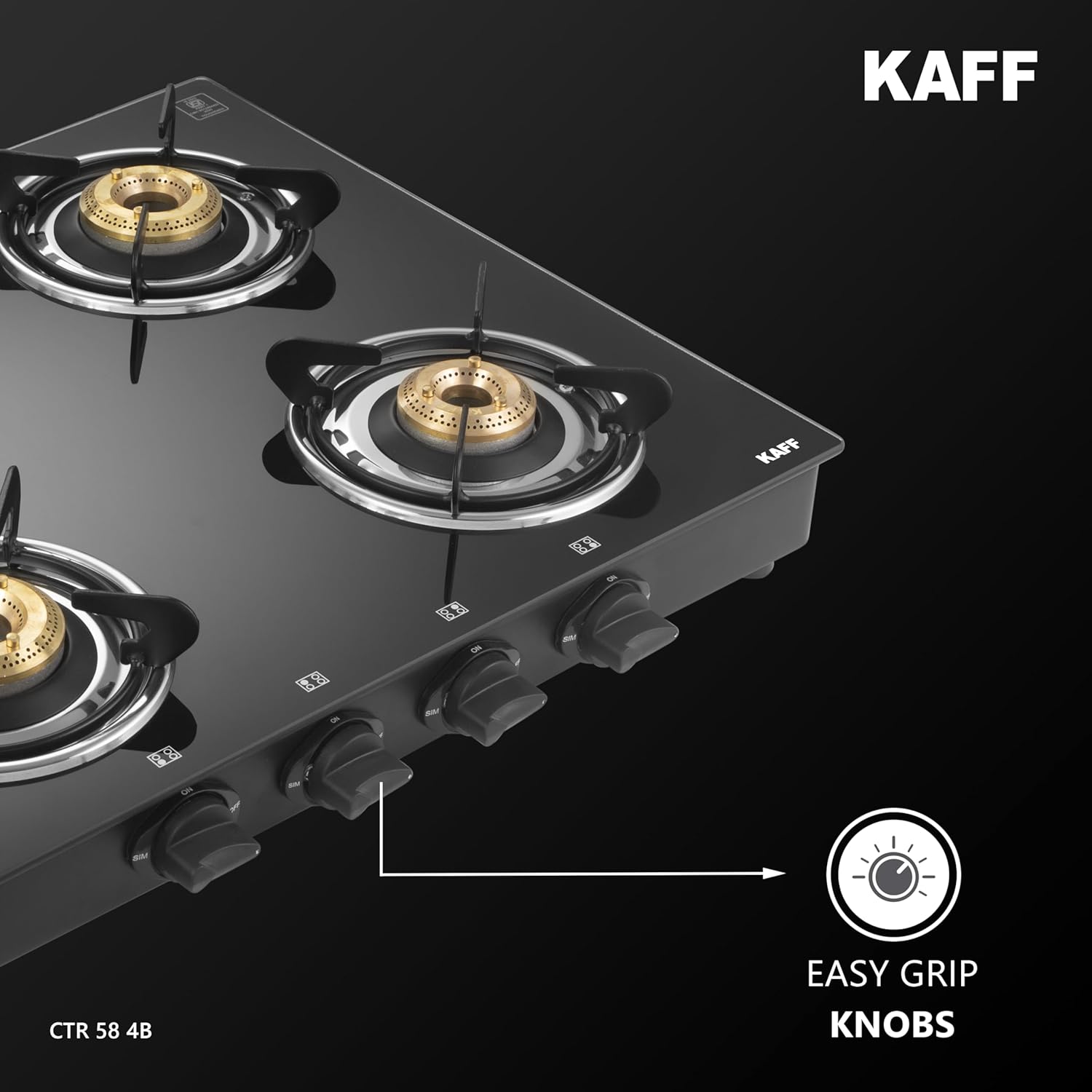 KAFF Cooktop | 4 Burners with Slim Line Design 58 CM | High Efficiency Brass Burners, Black Tempered Glass | Matt Enamelled Pan Support | Black | CTR58-4B