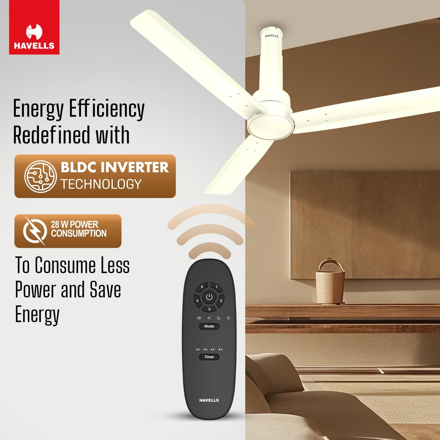 Havells 1200mm Elio BLDC Ceiling Fan | Remote Controlled, High Air Delivery Fan | 5 Star Rated, Upto 60% Energy Saving, 2+1* Year Warranty | (Pack of 1, Bianco)