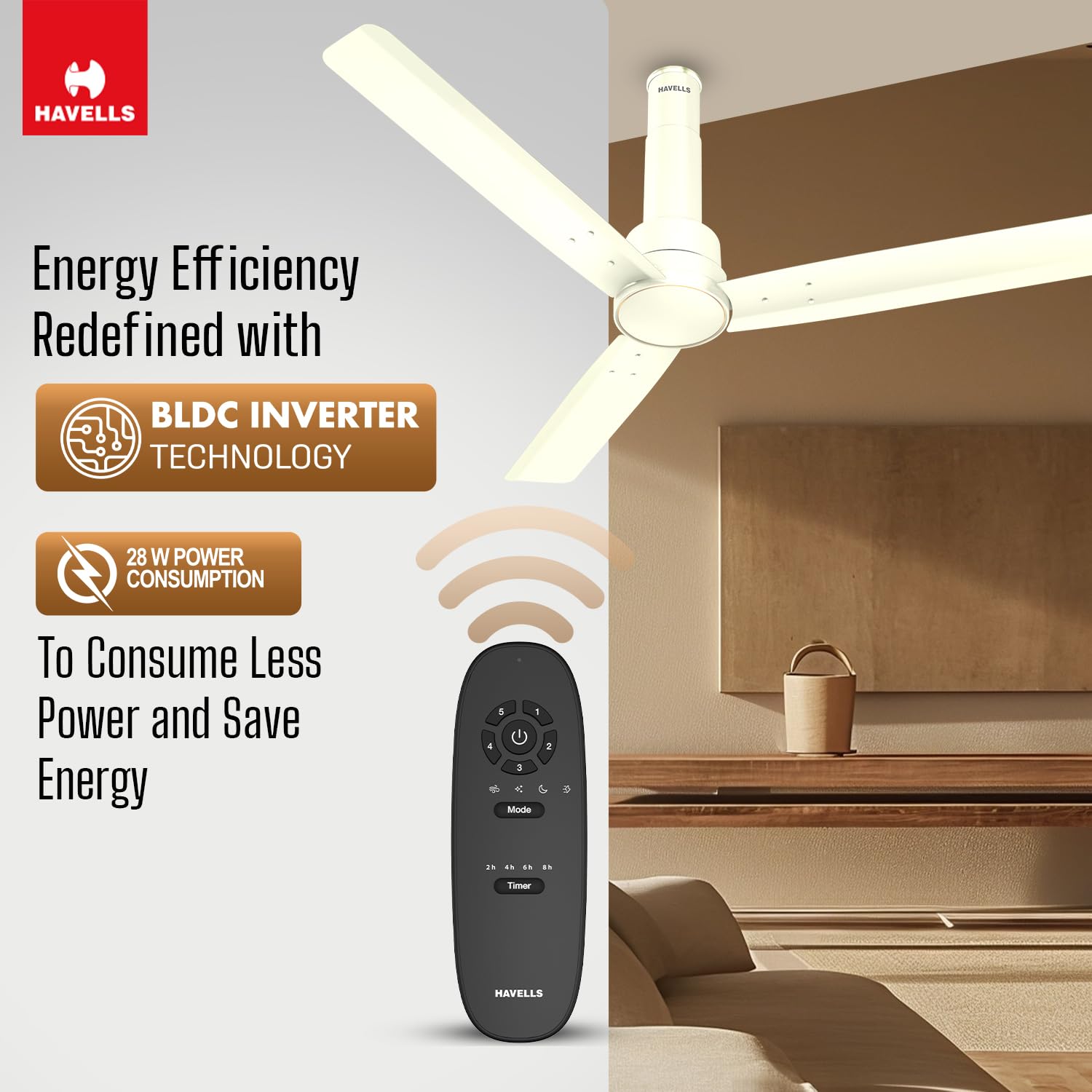 Havells 1200mm Elio BLDC Ceiling Fan | Remote Controlled, High Air Delivery Fan | 5 Star Rated, Upto 60% Energy Saving, 2+1* Year Warranty | (Pack of 1, Bianco)