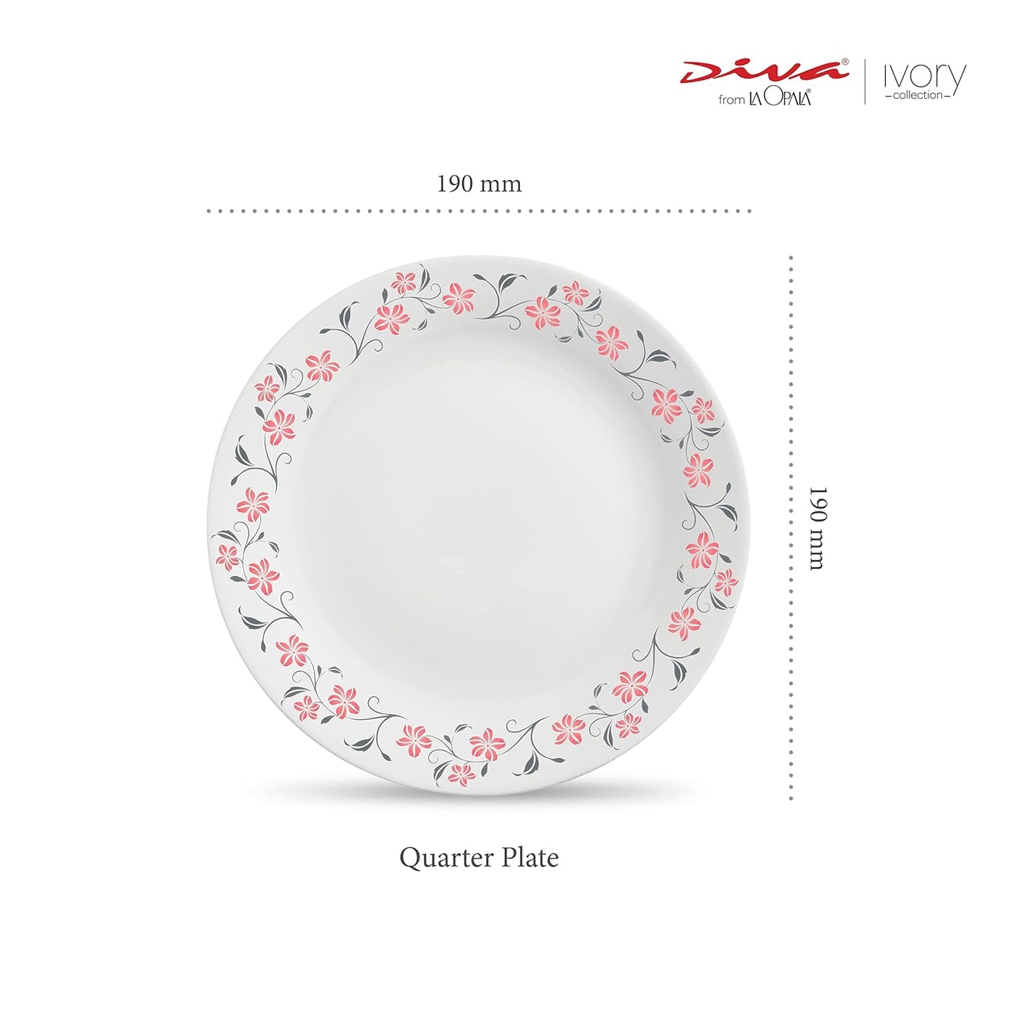La Opala Diva Ivory Collection Opal Glass Crockery | Quarter Plate Set of 6 | Grace Red Design | Side Plate for Snacking & Gifting | Microwave Safe | 100% Vegetarian | Extra Strong | Light & White