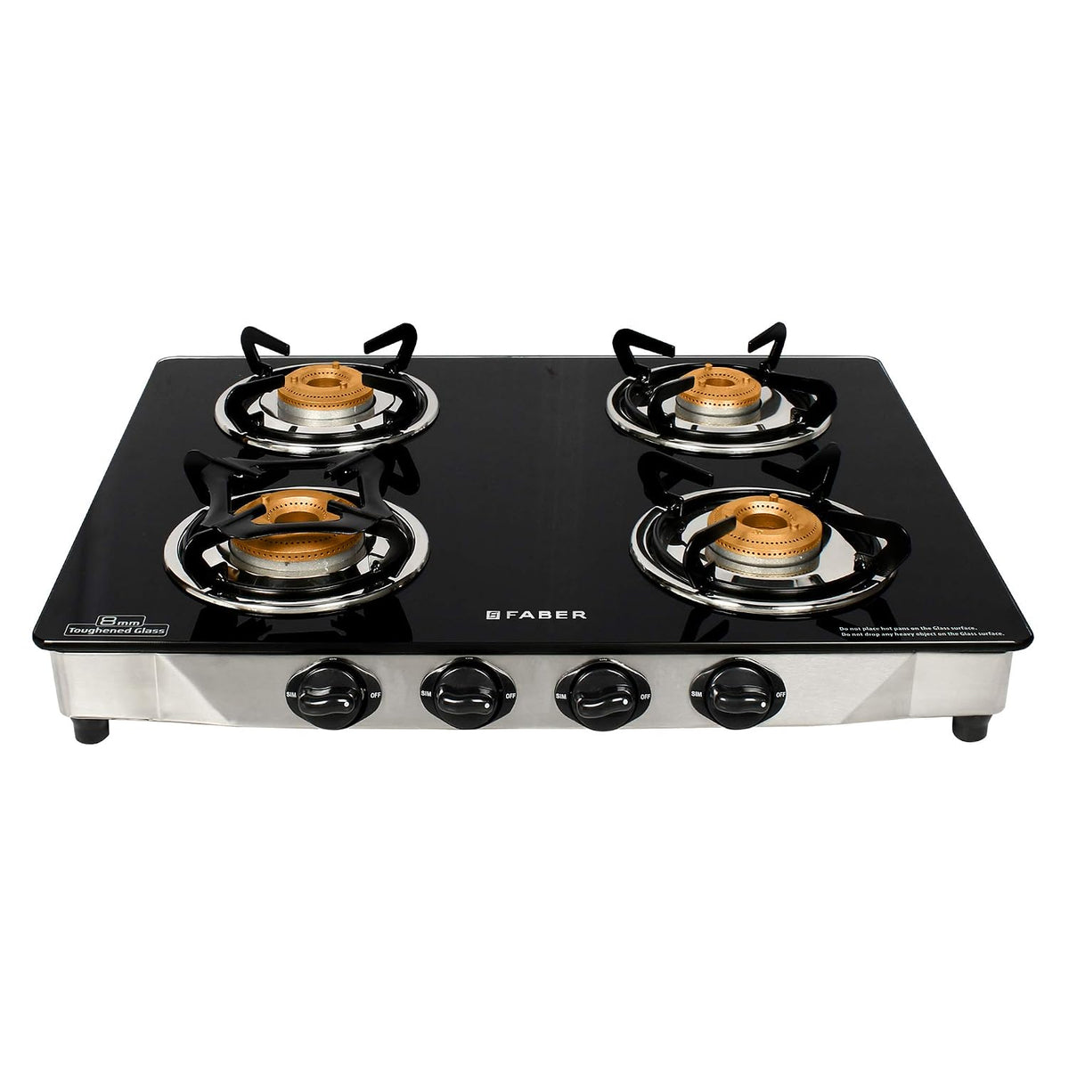 Faber Jumbo 4 Brass Burner Cooktop | 1 Jumbo, 2 Medium, 1 Small | Drip Tray | Toughened Glass | SS Finish | Ergonomic Kn