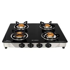 Faber Jumbo 4 Brass Burner Cooktop | 1 Jumbo, 2 Medium, 1 Small | Drip Tray | Toughened Glass | SS Finish | Ergonomic Kn