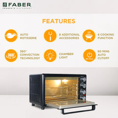 Faber 34L Double Glazed 1600W OTG|Bake, Toast, Roast, Grill|6 Functions, Upper & Lower Heating, Rotisserie, 360° Convection,Crumb Tray, Double Glaze Glass|Bake Plate, Pizza Plate, Silicon Gloves|Black