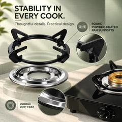 Faber Jumbo 3 Brass Burner Cooktop | 1 Jumbo, 1 Medium, 1 Small | Drip Tray | Toughened Glass | Manual Ignition | Ergono