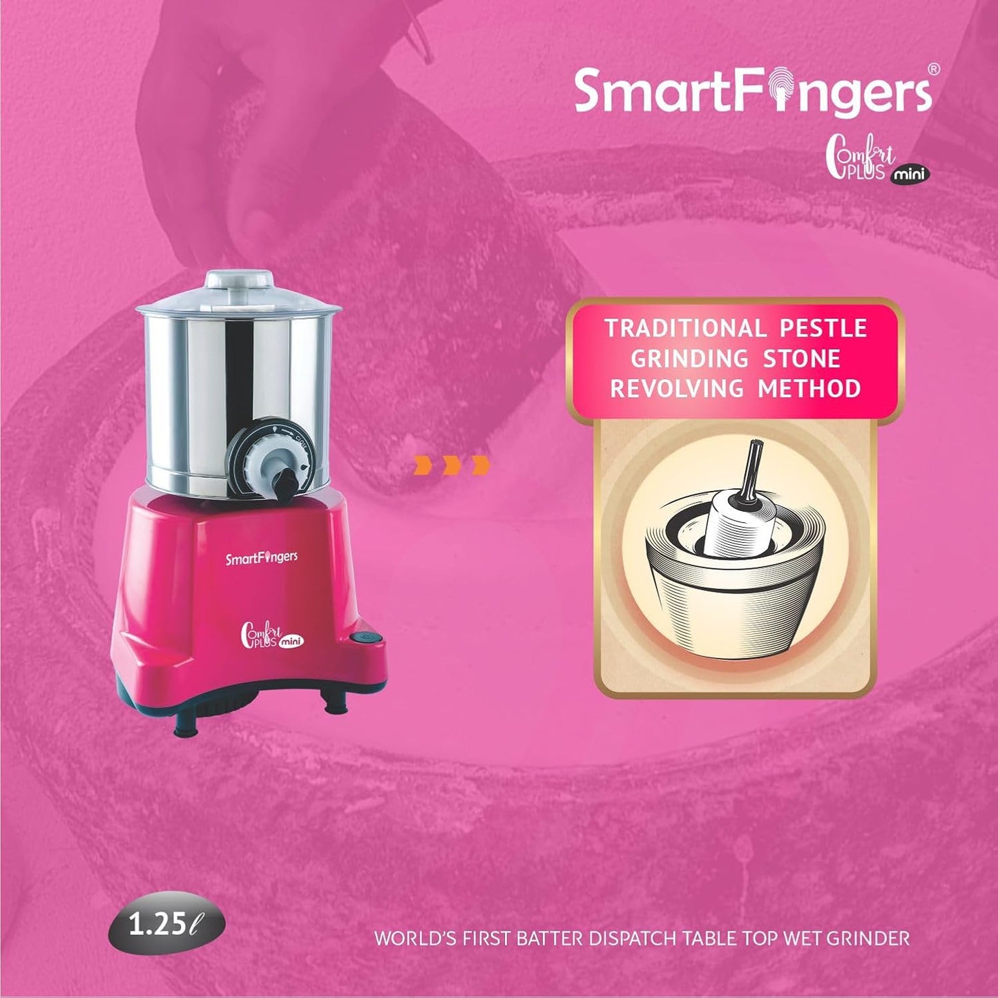 SmartFingers Stainless Steel Comfort Plus Table Top Magic Wet Grinder 110V 60Hz (1.25 L) For Usa Canada And Japan Only, Pink