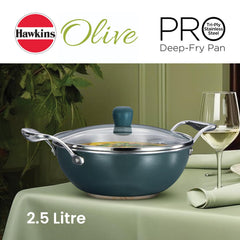 Hawkins Olive Pro 2.5 Litre Deep-Fry Pan, Triply Stainless Steel Kadhai with Stainless Steel Handles and Glass Lid, Green (POSK25G)