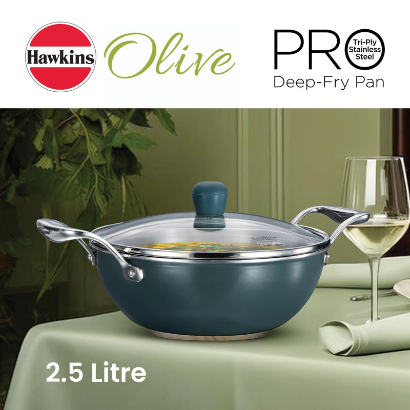 Hawkins Olive Pro 2.5 Litre Deep-Fry Pan, Triply Stainless Steel Kadhai with Stainless Steel Handles and Glass Lid, Green (POSK25G)