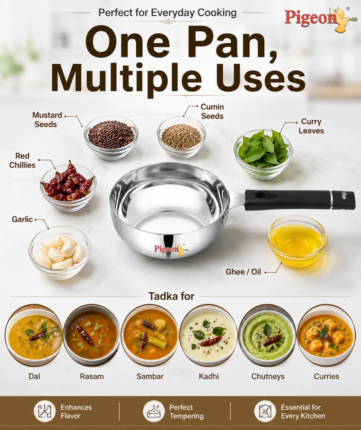 Pigeon Stainless Steel Olive Tadka Pan for Spice Tempering, Long Handle, Induction and Gas Compatible