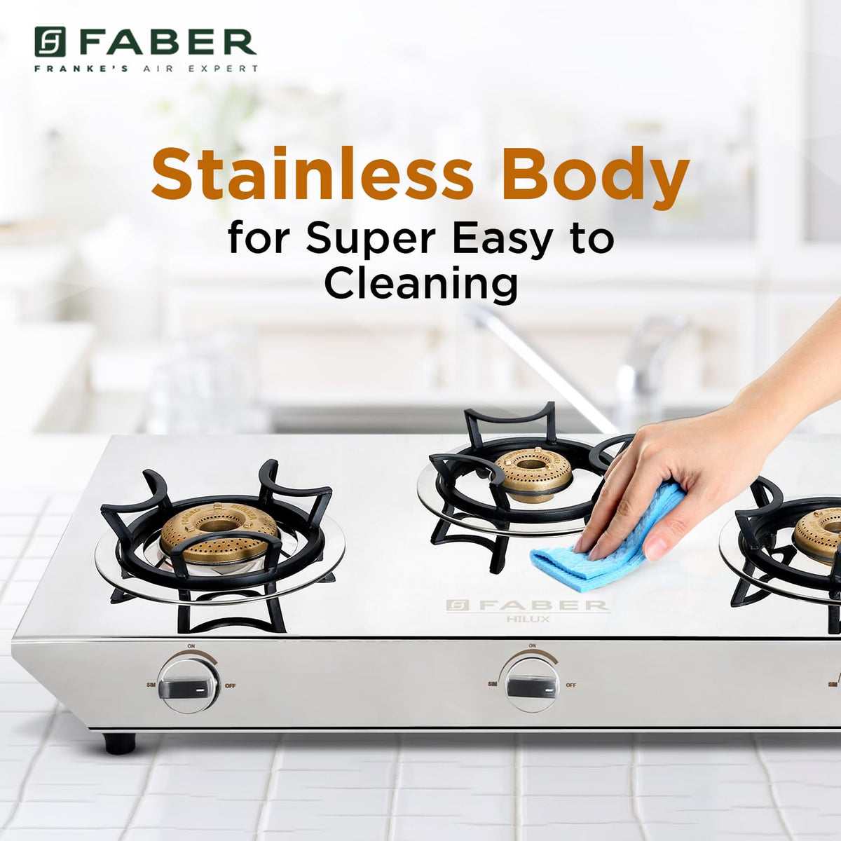 Faber Hilux 3 Burner SS Gas Stove | 1 Jumbo + 1 Medium + 1 Small | Anti-Skid Legs | Drip Tray | 360° Nozzle | Nylon Knob