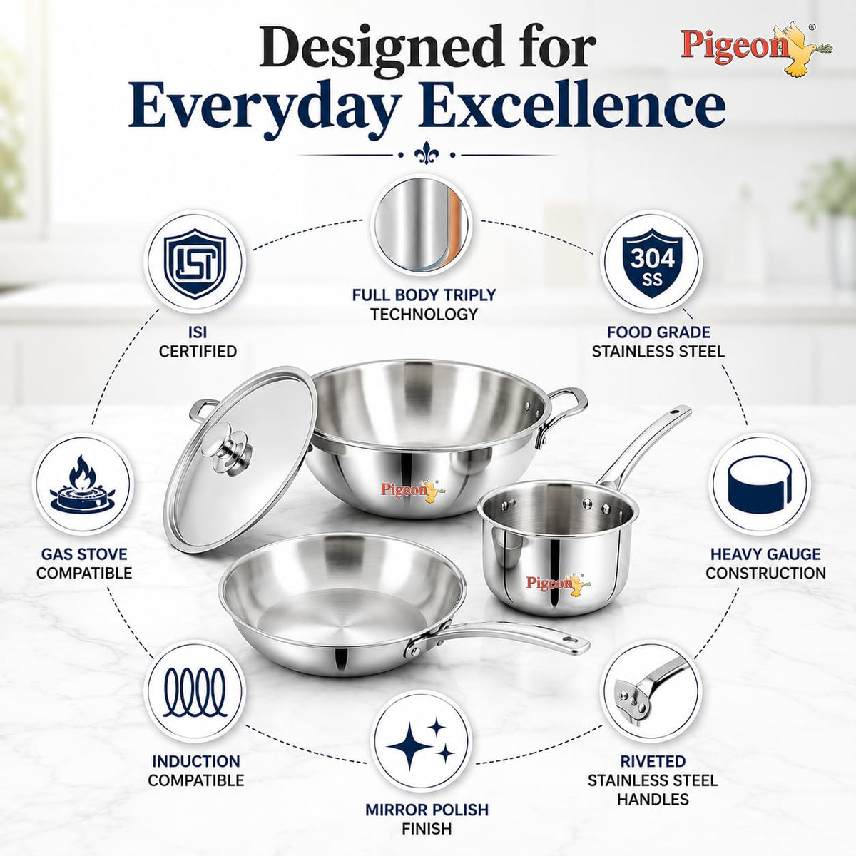 Pigeon Trinity Triply Stainless Steel 4 Pc Cookware Set - Triply Kadai 2100ml with Common Lid | Fry Pan 1200ml | Saucepa
