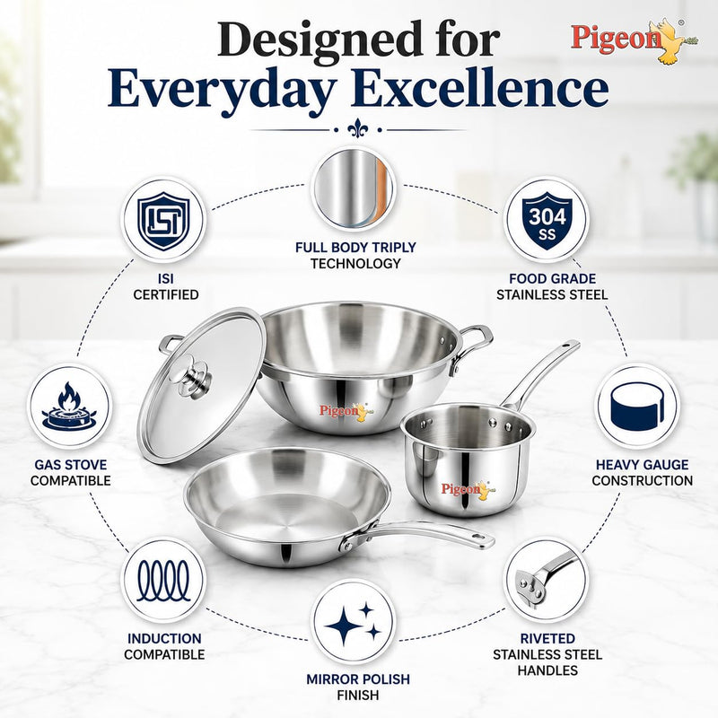 Pigeon Trinity Triply Stainless Steel 4 Pc Cookware Set - Triply Kadai 2100ml with Common Lid | Fry Pan 1200ml | Saucepa