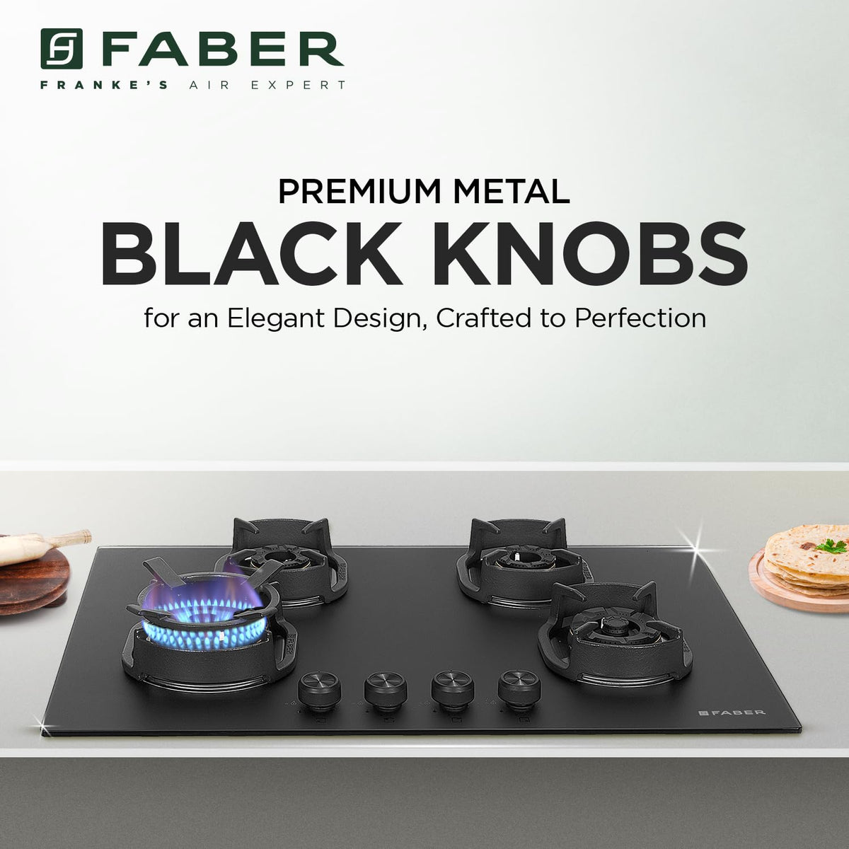Faber Della 4 Burner 78cm Hob |Auto-Ignition|Brass Burner| Cast Iron Pan Support |Hob/Cooktop Hybrid| Matt Black Glass F
