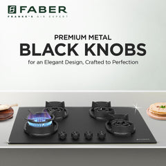 Faber Della 4 Burner 78cm Hob |Auto-Ignition|Brass Burner| Cast Iron Pan Support |Hob/Cooktop Hybrid| Matt Black Glass F