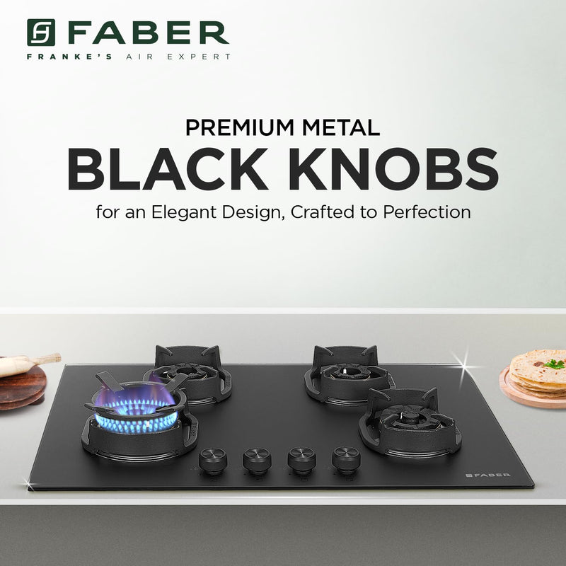 Faber Della 4 Burner 78cm Hob |Auto-Ignition|Brass Burner| Cast Iron Pan Support |Hob/Cooktop Hybrid| Matt Black Glass F