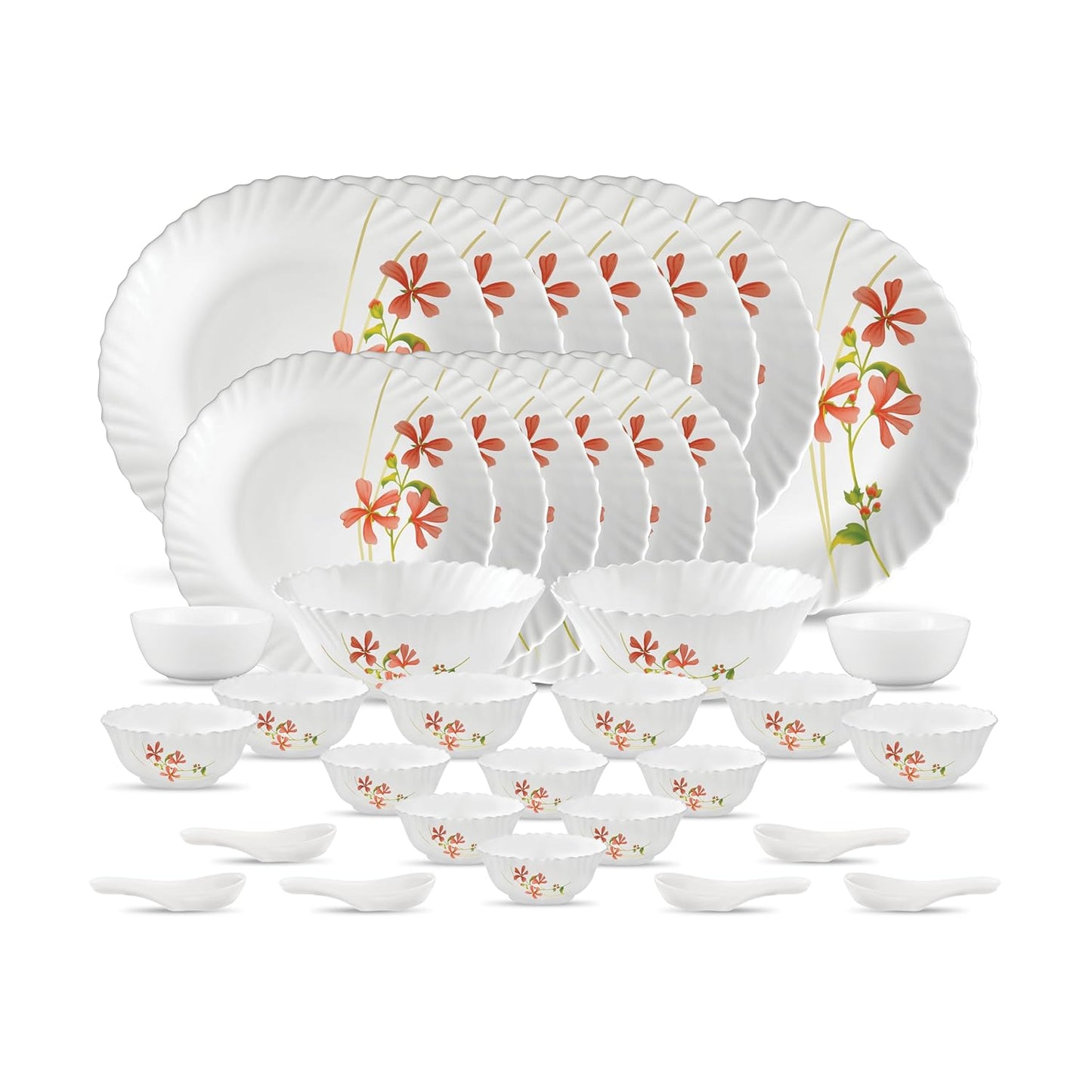 La Opala Novo Collection Opal Glass Crockery | for Family of 6 | Dinner Set 35 pcs Coral Charm | Plates & Bowls for Dining | Microwave Safe | 100% Vegetarian | Extra Strong | Light & White