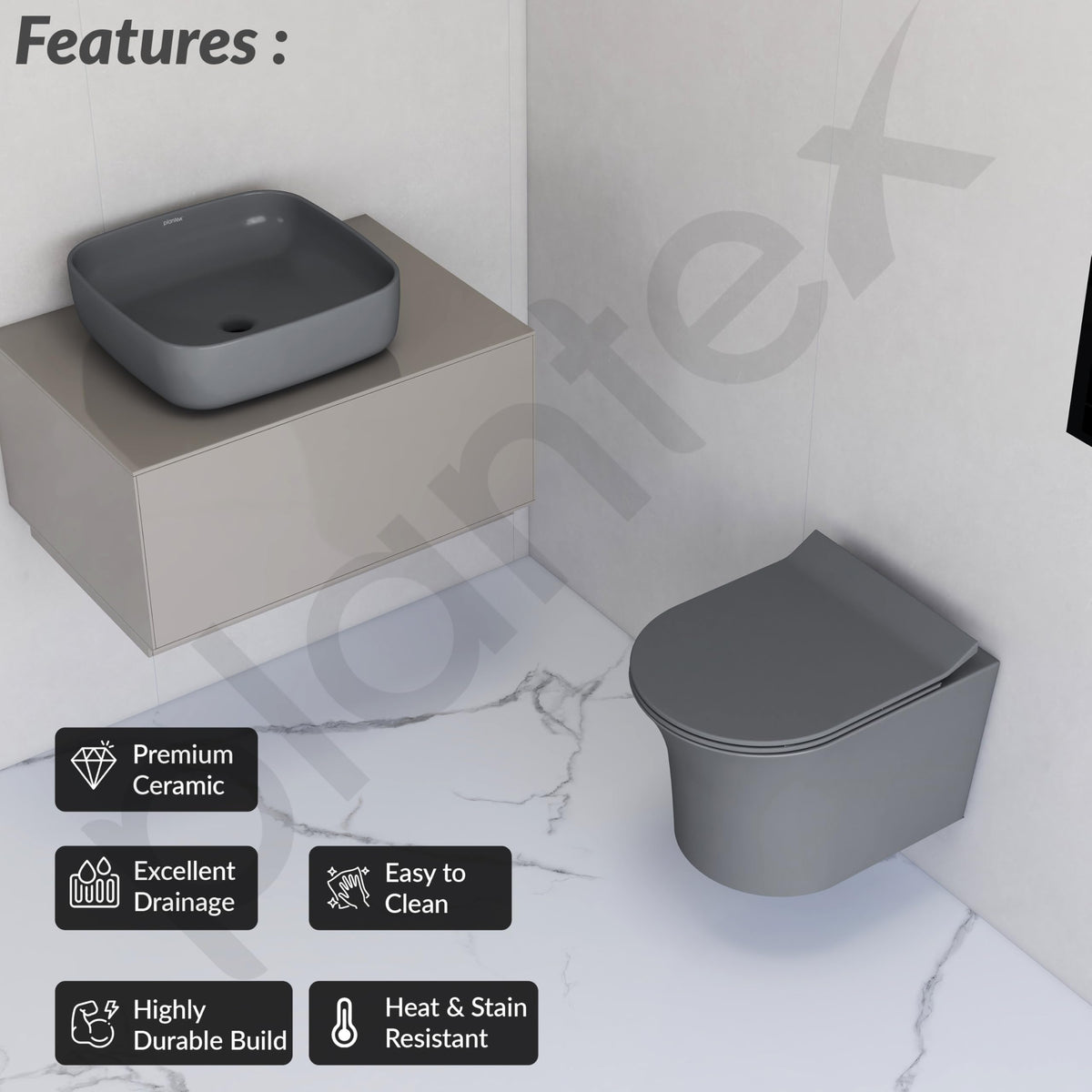 Plantex Ceramic Bathroom Commode and Wash Basin/Rimless Washdown Wall Hung Western Toilet/Bathroom Wash Basin/P Trap Commode - Smoke-6