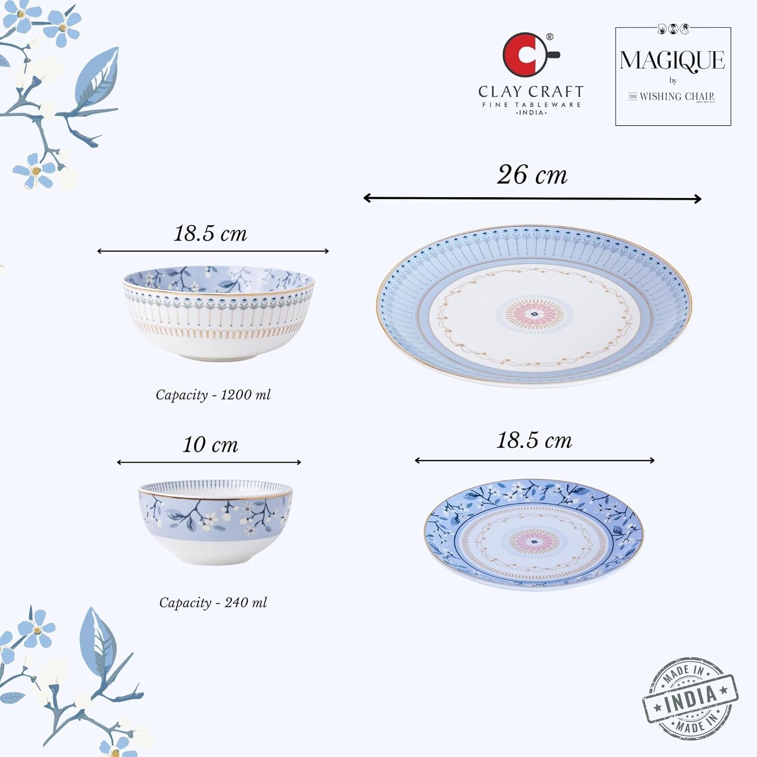 Magique by The Wishing Chair x ClayCraft : River of Flowers 20-Piece Ceramic Dinner Set with Gold | Floral Plates & Bowls | Elegant Glossy Finish | Perfect for Family Dinners | Festive Gifting