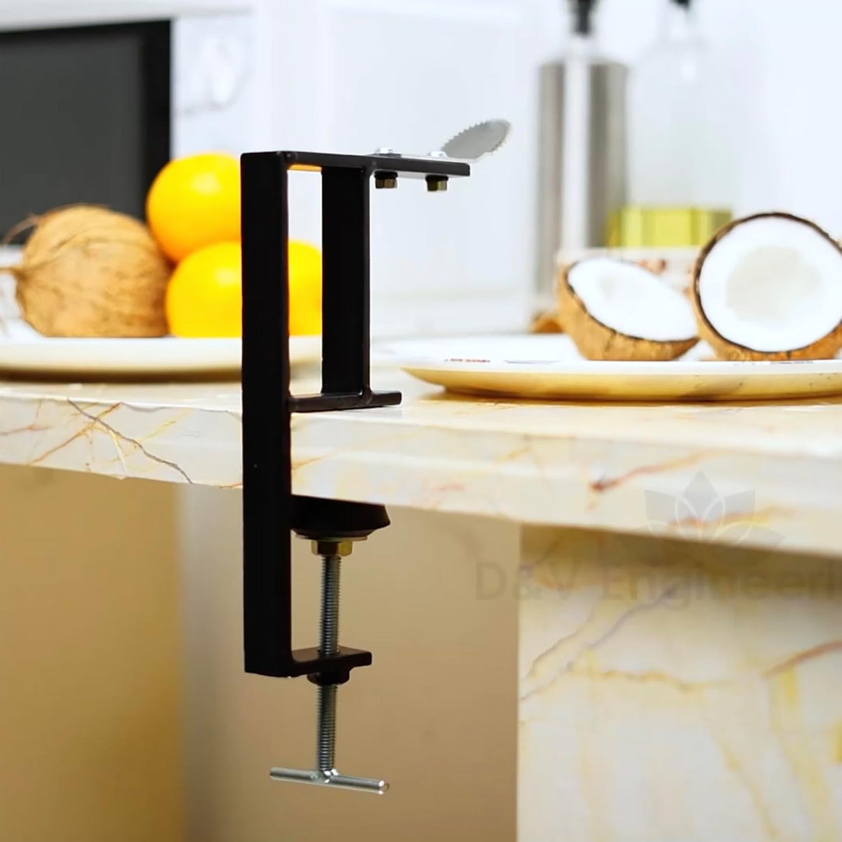 D&V Engineering Heavy-Duty Table-Mount Coconut Scraper & Grater | Sharp 2 mm Stainless Steel Blade, Durable Metal Frame | Easy, Fast Coconut Grating | Fits Up to 3-Inch Slabs, Black Frame