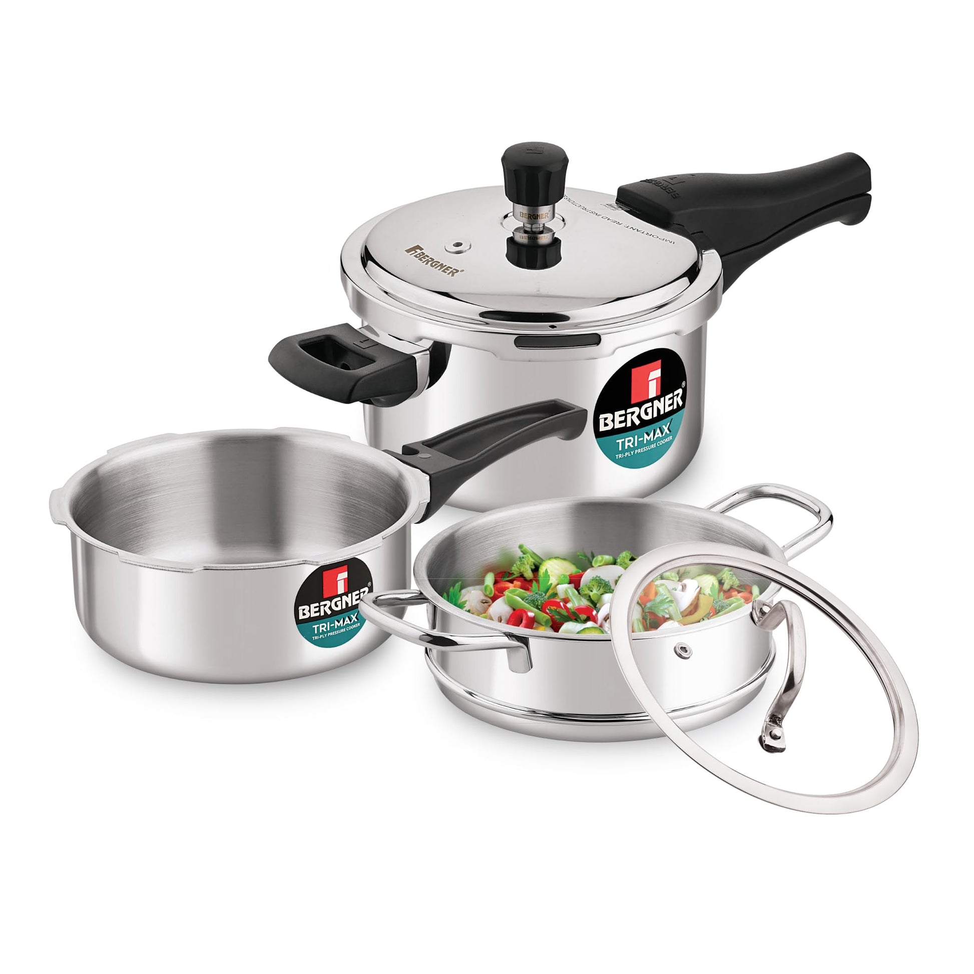 Bergner Tri-Max Junior TriPly 1 Litre Pressure Cooker, Triply Heavy Bottom Outer Lid Mini Pressure Cooker, 1 Pc Free Safety Valve, Measuring Scale Inside - Induction Bottom and Gas Stove Ready