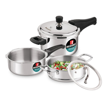 Bergner Tri-Max Junior TriPly 1 Litre Pressure Cooker, Triply Heavy Bottom Outer Lid Mini Pressure Cooker, 1 Pc Free Safety Valve, Measuring Scale Inside - Induction Bottom and Gas Stove Ready
