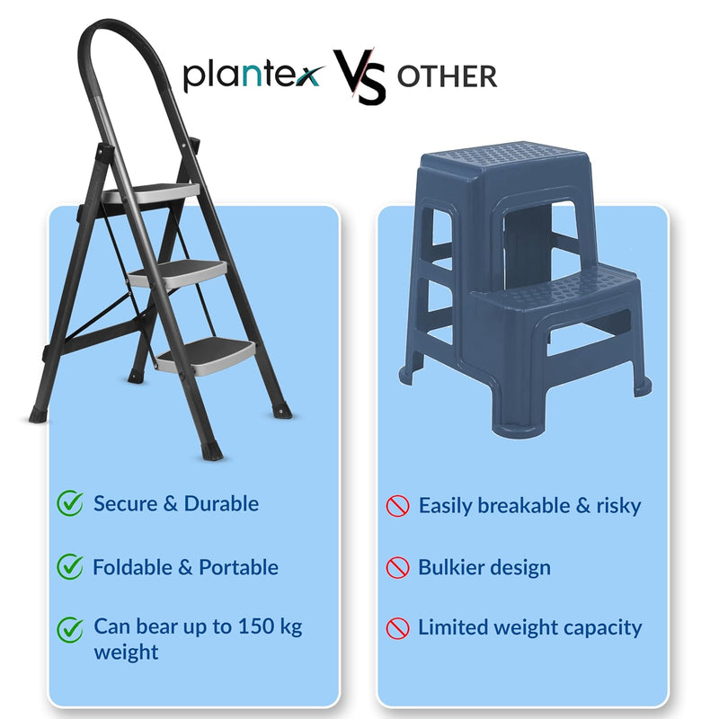 Plantex Steel 3 Step Ladder for Home/Wide Anti Skid 3 Step Ladder Foldable/5 Year Manufacturer Warranty By Plantex(Gray & White)
