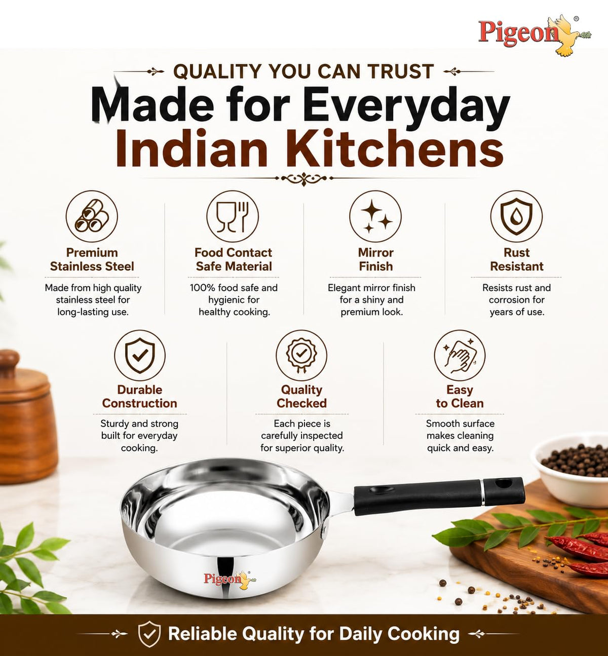 Pigeon Stainless Steel Olive Tadka Pan for Spice Tempering, Long Handle, Induction and Gas Compatible