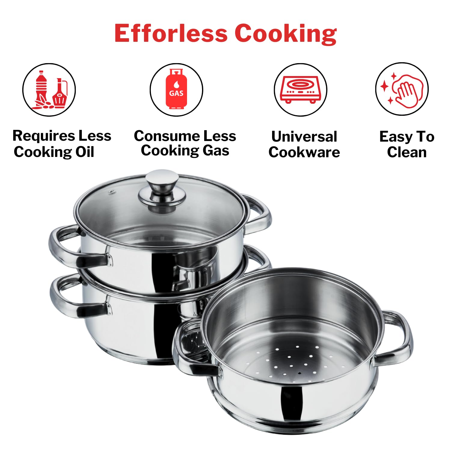 Vinod Stainless Steel 3-Tier Steamer – 20 cm | Momo & Modak Maker | Vegetable Steamer with Glass Lid & Riveted Handles | Induction & Gas Compatible, Silver