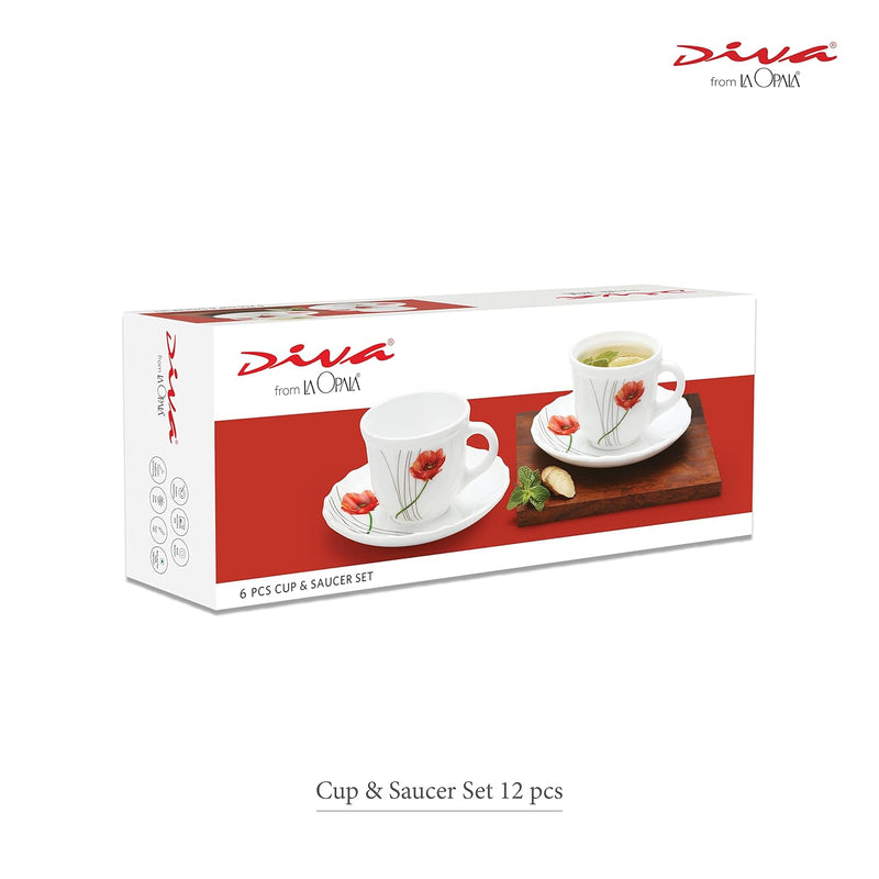 La Opala Diva, Opal Glass Crockery | Cup & Saucer Tulip Regular, Set of 12 | Golden Fall, 160 ml | for Tea & Coffee | Microwave Safe | 100% Vegetarian | Extra Strong | Super Light | Super White