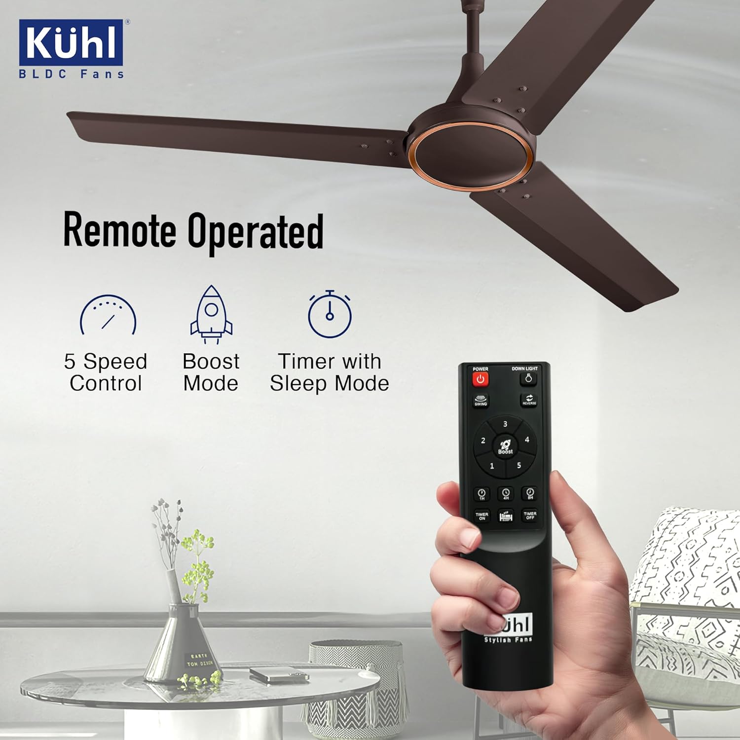 KUHL Prima A4 1200 mm BLDC 65% Power Saving BLDC Ceiling Fan With Remote | BEE 5 Star Rated & ISI Marked | High Air Flow | 5 Year Warranty | Espresso Brown